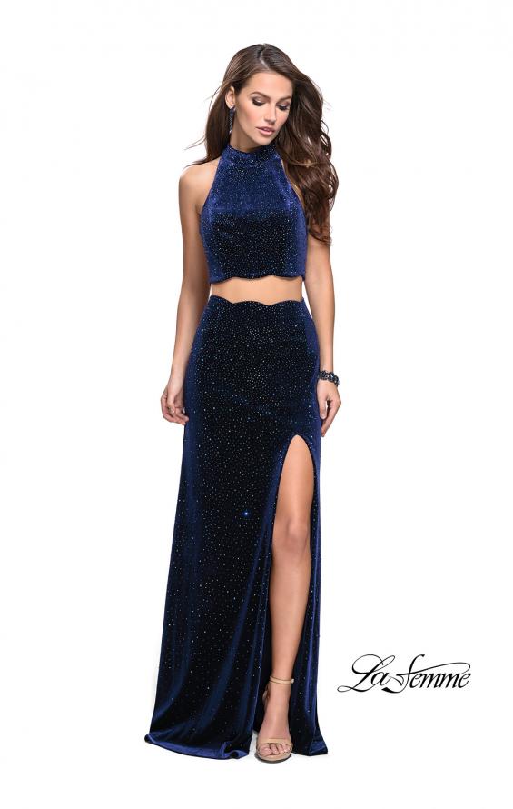 Picture of: Two Piece Velvet Prom Dress with Scallop Detail and Slit in Navy, Style: 25667, Main Picture
