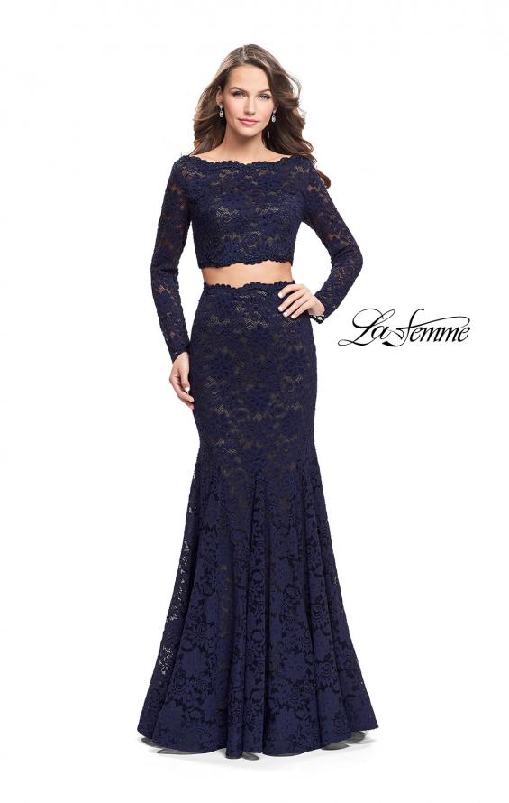 Picture of: Mermaid Style Lace Two Piece Dress with Scalloped Trim in Navy, Style: 25668, Main Picture