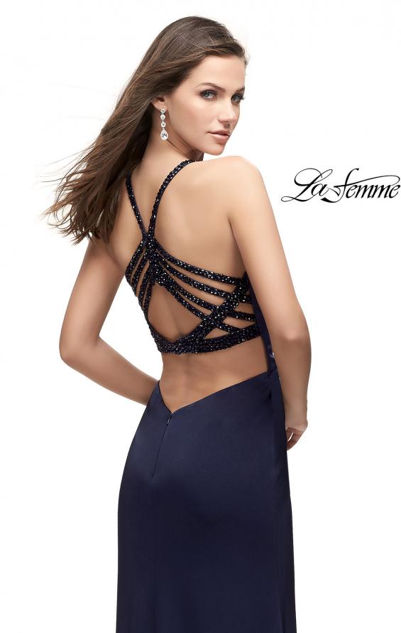 Picture of: Long Jersey Prom Dress with Beaded Strappy Open Back in Navy, Style: 25669, Main Picture