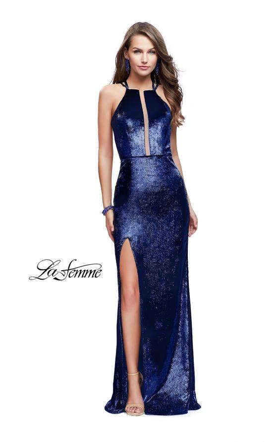 Picture of: Long Velvet Prom Dress with Leg Slit and Open Back in Navy, Style: 25861, Main Picture