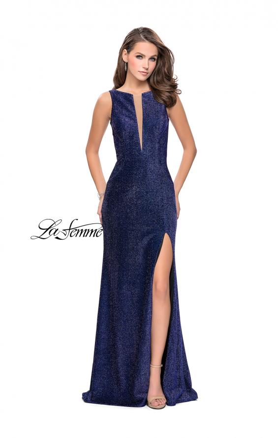 Picture of: Sparkling Jersey Prom Dress with Open Diamond Back in Navy, Style: 25869, Main Picture