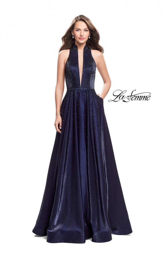 Picture of: Satin Ball Gown with Tonal Beading and Back Cutout, in Navy Style: 25986, Main Picture