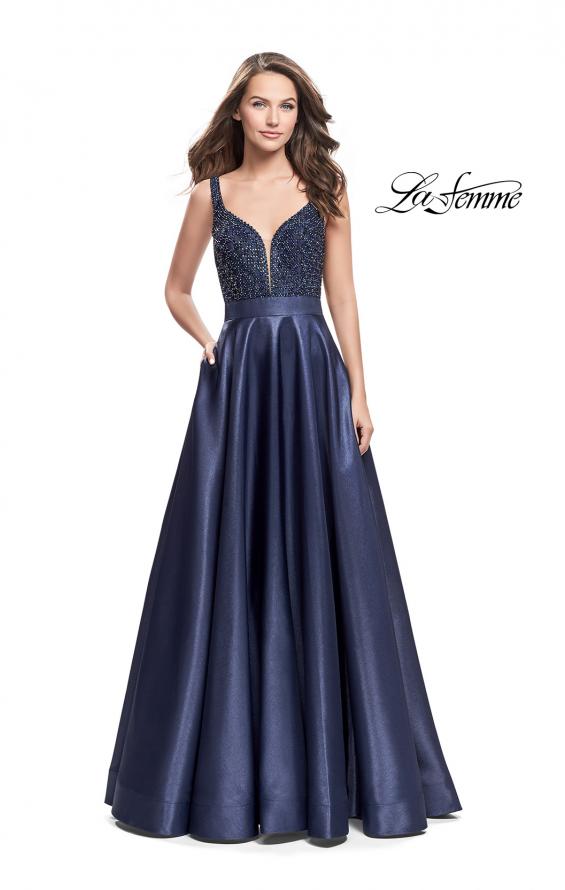 Picture of: Long Mikado Prom Dress with Beaded Bodice in Navy, Style: 26203, Main Picture