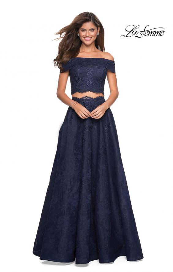 Picture of: Two Piece Off the Shoulder Lace Prom Dress in Navy, Style: 27028, Main Picture