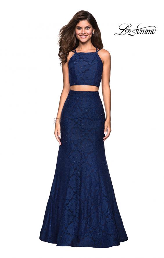 Picture of: Two Piece Stretch Lace Prom Dress with Strappy Back in Navy, Style: 27452, Main Picture