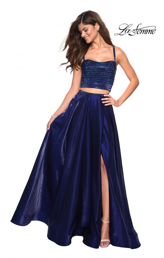 Picture of: Two PIece Satin Prom Dress with Rhinestone Top in Navy, Style: 27607, Main Picture