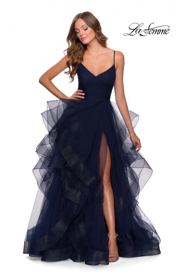 Picture of: Layered Tulle Prom Dress with V Shaped Neckline in Navy, Style: 28502, Main Picture
