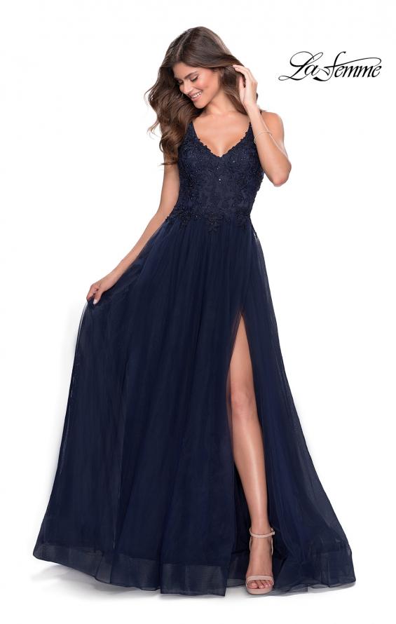 Picture of: Pretty A-line Prom Dress with Sheer Floral Bodice in Navy, Style: 28680, Main Picture