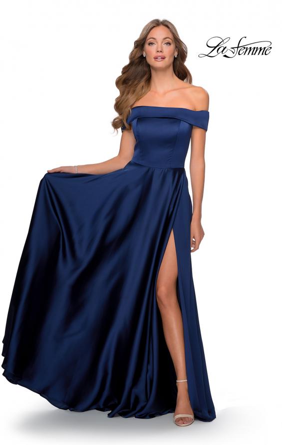 Picture of: Satin Off the Shoulder Evening Dress with Pockets in Navy, Style: 28978, Main Picture