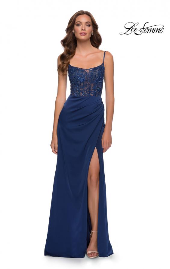 Picture of: Satin Dress with Sheer Lace Bodice and Slit in Navy, Style 29888, Main Picture
