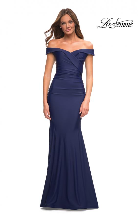 Picture of: Chic Off the Shoulder Evening Dress with Ruching in Navy, Main Picture