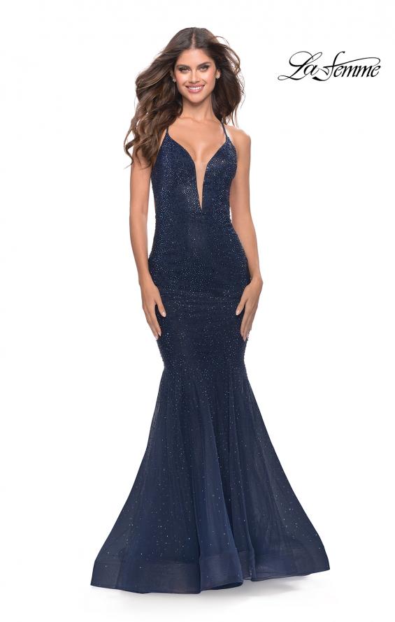 Picture of: Mermaid Rhinestone Tulle Gown with Open Back in Navy, Style: 31119, Main Picture