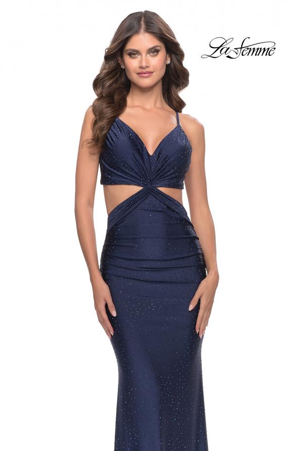 Picture of: Twist Front Cut Out Rhinestone Jersey Dress in Navy, Style: 31339, Main Picture