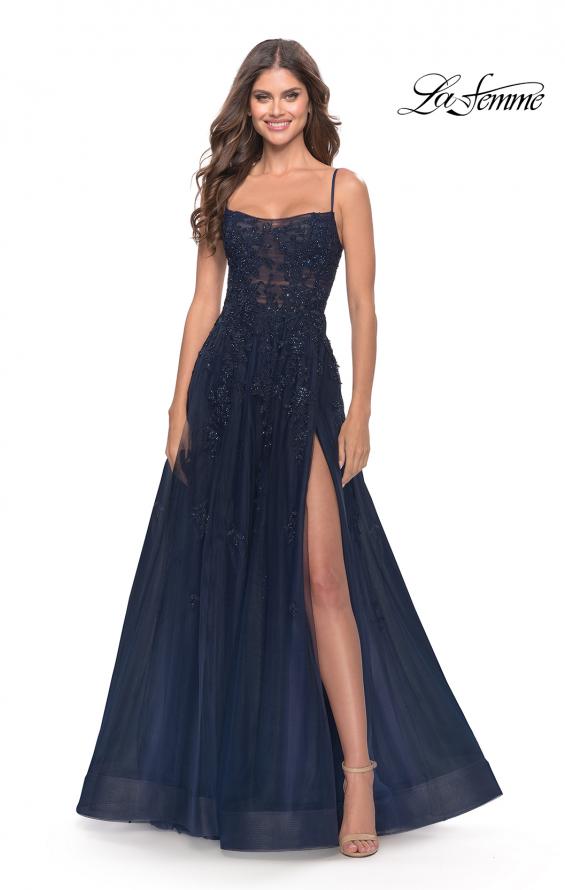 Picture of: Charming Tulle and Lace Gown with Illusion Bodice in Navy, Style: 31381, Main Picture
