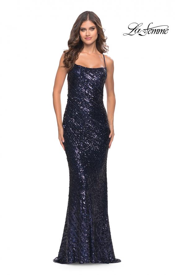 Picture of: Long Sequin Dress with Lace Up Strappy Back in Navy, Style: 31518, Main Picture