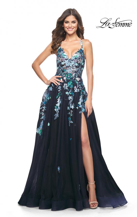 Picture of: Gorgeous Sequin Floral Lace Applique A-Line Tulle Prom Dress in Navy, Style: 32023, Main Picture