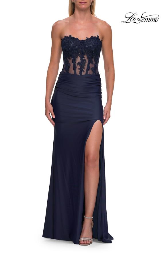 Blue Picture of: Strapless Lace Applique Corset Gown with High Slit in Navy, Style: 33399, Detail Picture 8