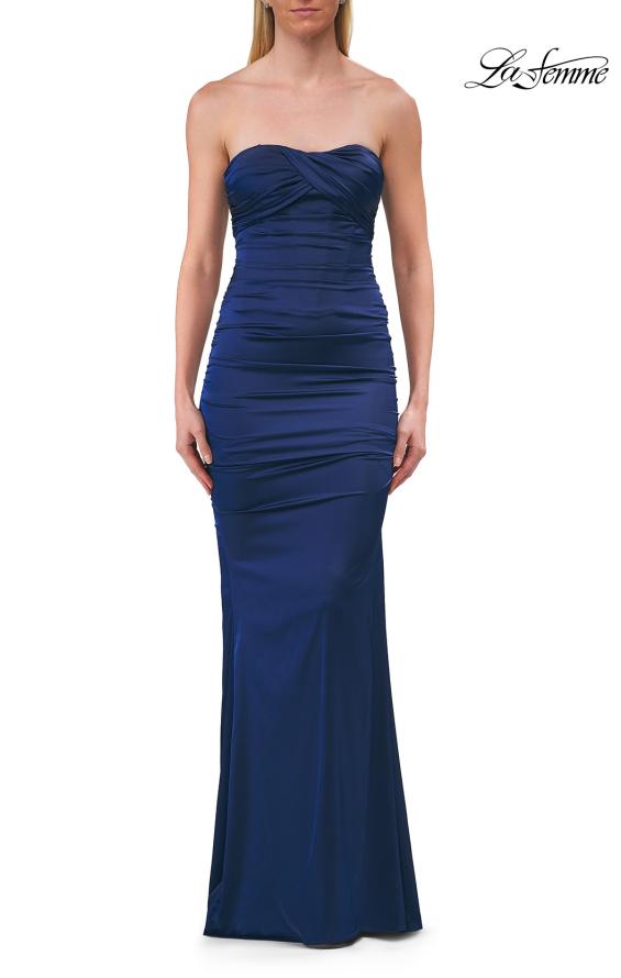 Red Picture of: Strapless Satin Gown with Ruching and Lace-Up Back in Navy, Style: 33654, Detail Picture 8