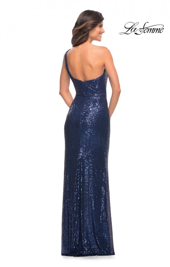Picture of: Long Sequin One Shoulder Ruched Prom Dress in Navy, Style: 28401, Detail Picture 9