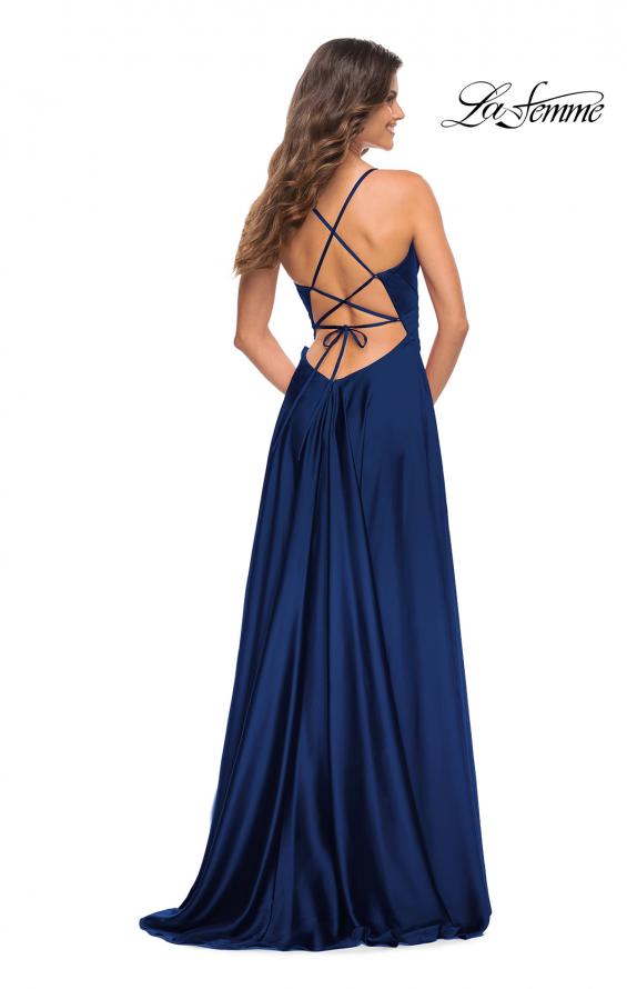 Picture of: Satin Jewel Tone Gown with Criss-Cross Ruched Top in Navy, Style: 30512, Detail Picture 9