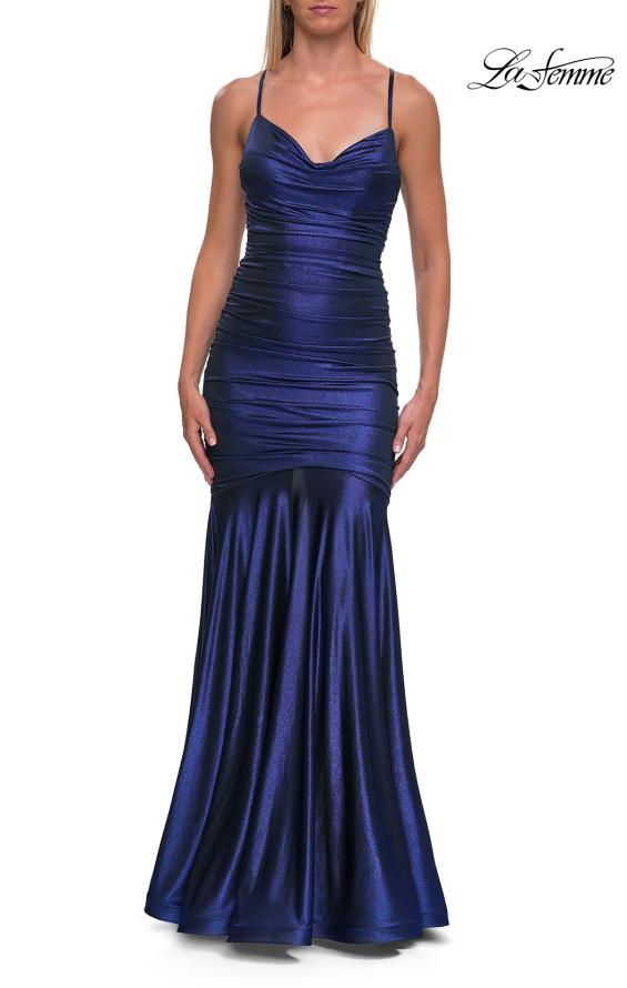 Picture of: Metallic Jersey Mermaid Gown with Draped Cowl Neckline and Lace-Up Back in Navy, Style: 33412, Detail Picture 9
