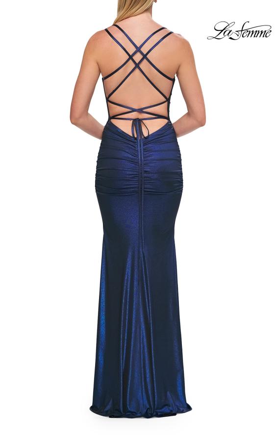 Picture of: Metallic Ruched Prom Dress with Strappy Open Back in Navy, Style: 33609, Detail Picture 9