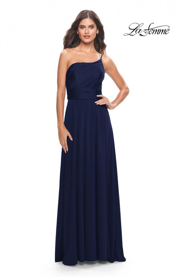 Picture of: Chic One Shoulder Long Jersey Gown with Defined Waist in Navy, Style: 31170, Detail Picture 10