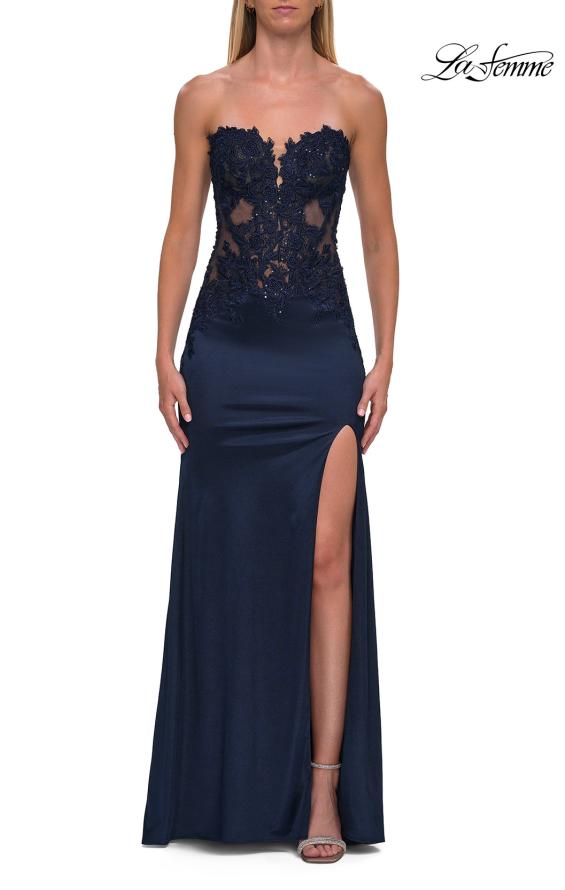 Picture of: Lace and Satin Gown with Sheer Bodice and High Slit in Navy, Style: 33419, Detail Picture 10