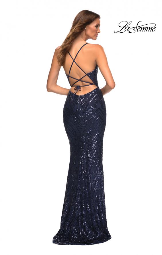 Picture of: Print Sequin Gown in Jewel Tones with V Neckline in Blue, Style: 30496, Detail Picture 11
