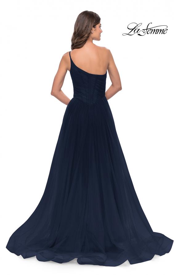Picture of: One Shoulder A-Line Tulle Gown with Sheer Bodice in Navy, Style: 31069, Detail Picture 12