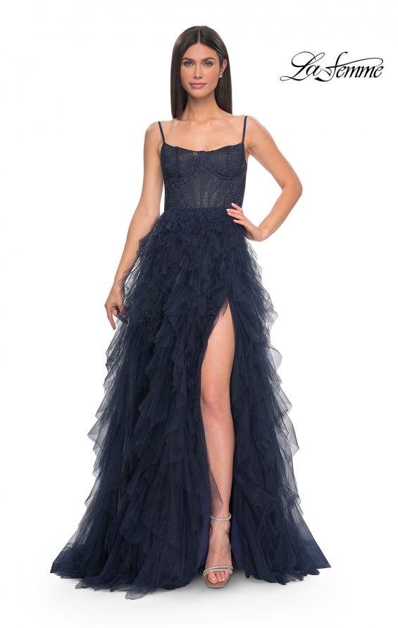 Picture of: Tulle A-Line Dress with Ruffle Skirt and Buster Rhinestone Fishnet Bodice in Navy, Style: 32233, Detail Picture 12