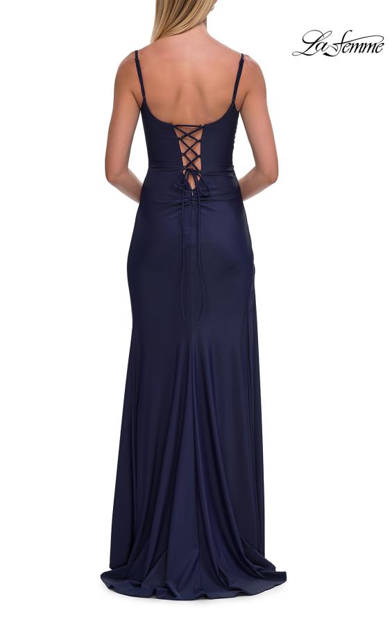 Picture of: Cowl Neck Fitted Gown with Slit and Lace-Up Back in Navy, Style: 33365, Detail Picture 12
