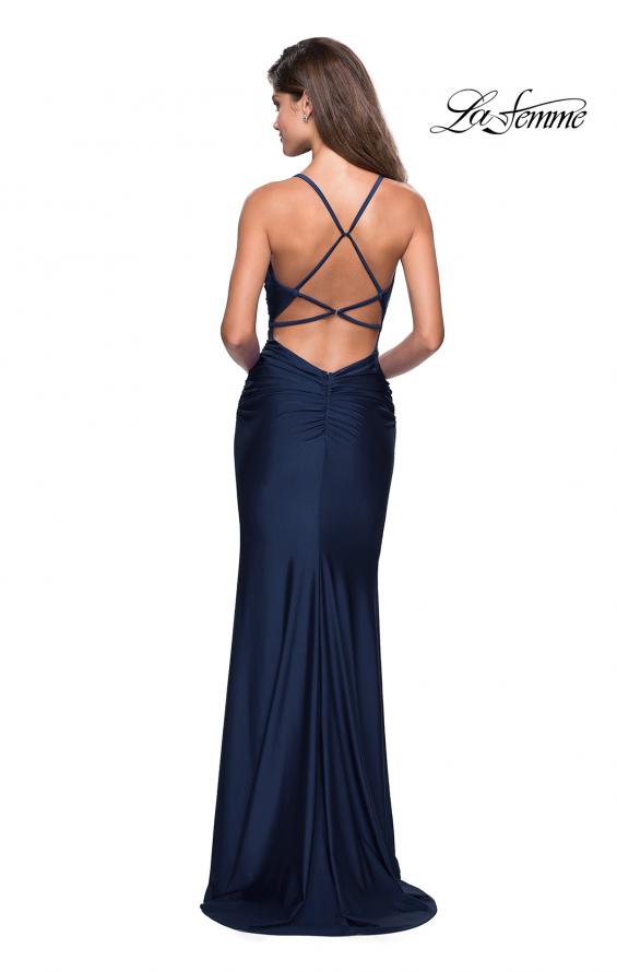 Picture of: Form Fitting Jersey Dress with Ruching and Strappy Back in Navy, Style: 27501, Detail Picture 13