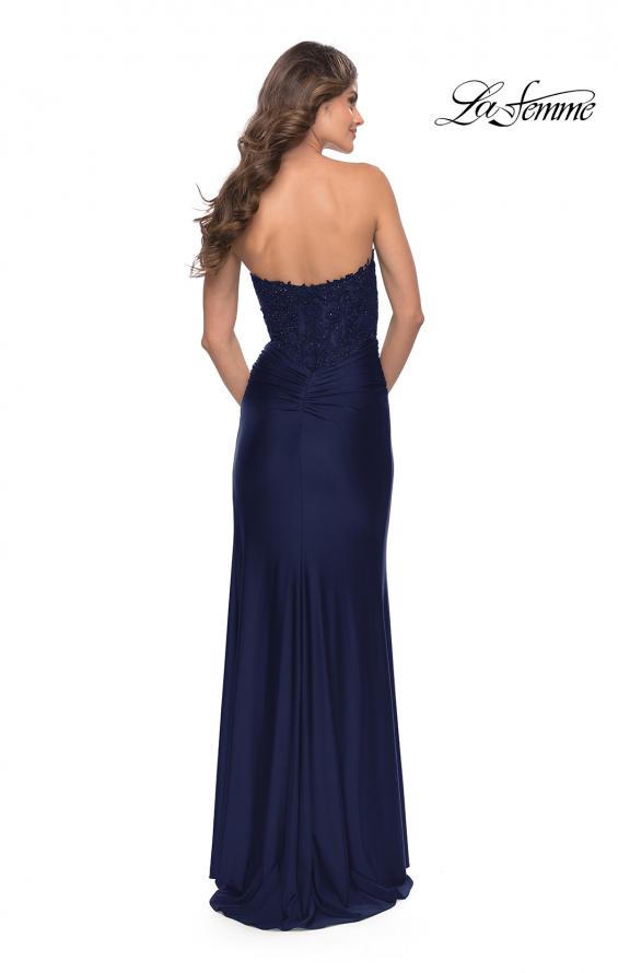 Picture of: Long Dress with Jersey Skirt and Lace Illusion Bodice in Navy, Style: 31182, Style: 31182