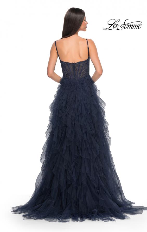 Picture of: Tulle A-Line Dress with Ruffle Skirt and Buster Rhinestone Fishnet Bodice in Navy, Style: 32233, Detail Picture 13