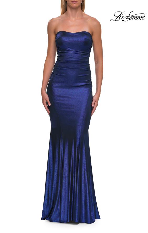 Blue Picture of: Strapless Metallic Jersey Gown with Ruching and Fitted Silhouette in Navy, Style: 33424, Detail Picture 13