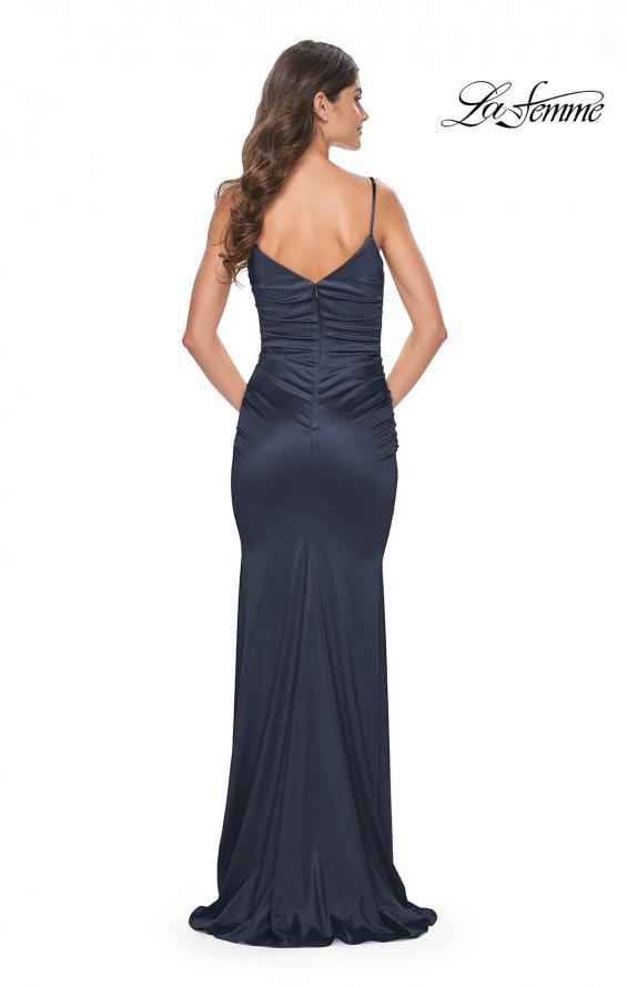 Picture of: Chic Stretch Satin Gown with V Neckline and Ruching in Navy, Style: 32075, Detail Picture 14