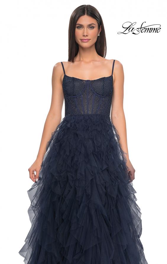Picture of: Tulle A-Line Dress with Ruffle Skirt and Buster Rhinestone Fishnet Bodice in Navy, Style: 32233, Detail Picture 14
