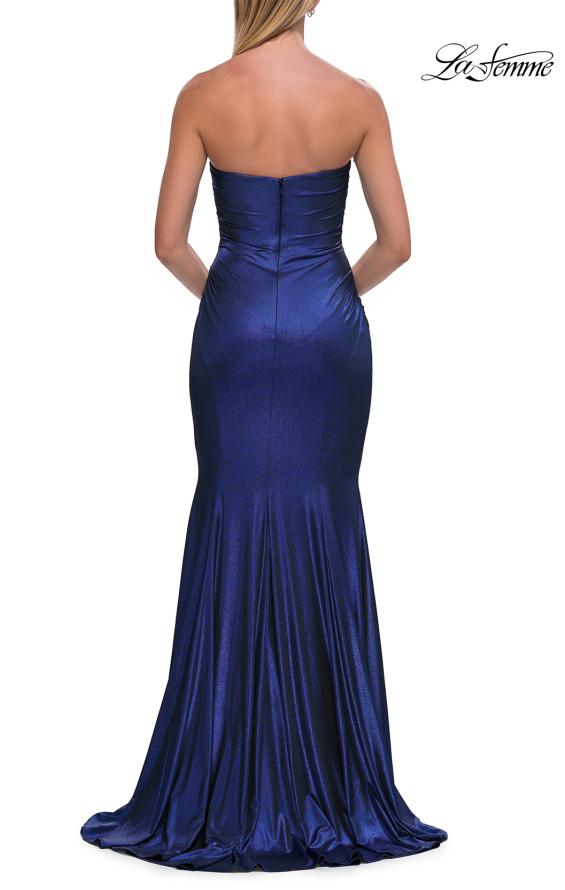 Blue Picture of: Strapless Metallic Jersey Gown with Ruching and Fitted Silhouette in Navy, Style: 33424, Detail Picture 14