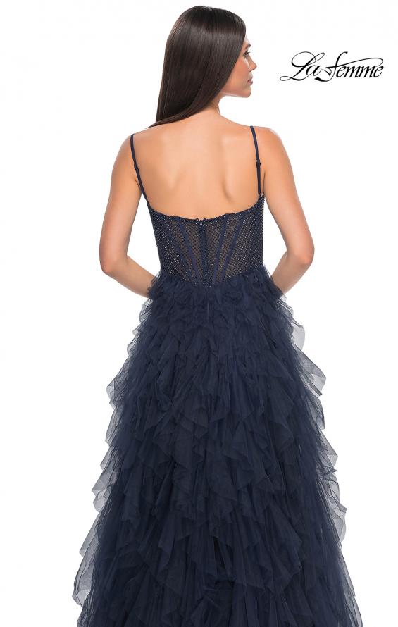 Picture of: Tulle A-Line Dress with Ruffle Skirt and Buster Rhinestone Fishnet Bodice in Navy, Style: 32233, Detail Picture 16
