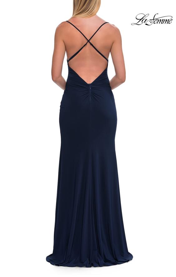 Picture of: Cowl Neck Jersey Gown with Open Back and High Slit in Navy, Style: 33299, Detail Picture 16