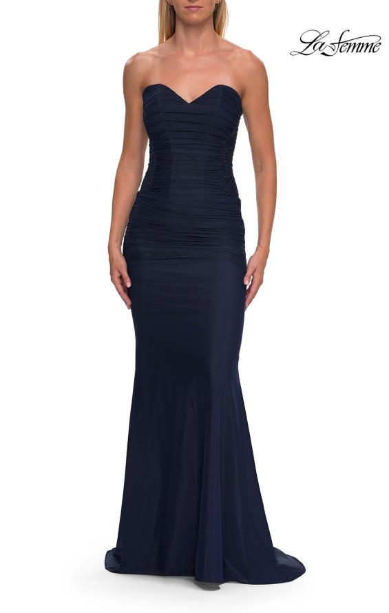 Blue Picture of: Strapless Mesh Evening Gown with Ruching and Sheer Beaded Back in Navy, Style: 33431, Detail Picture 17