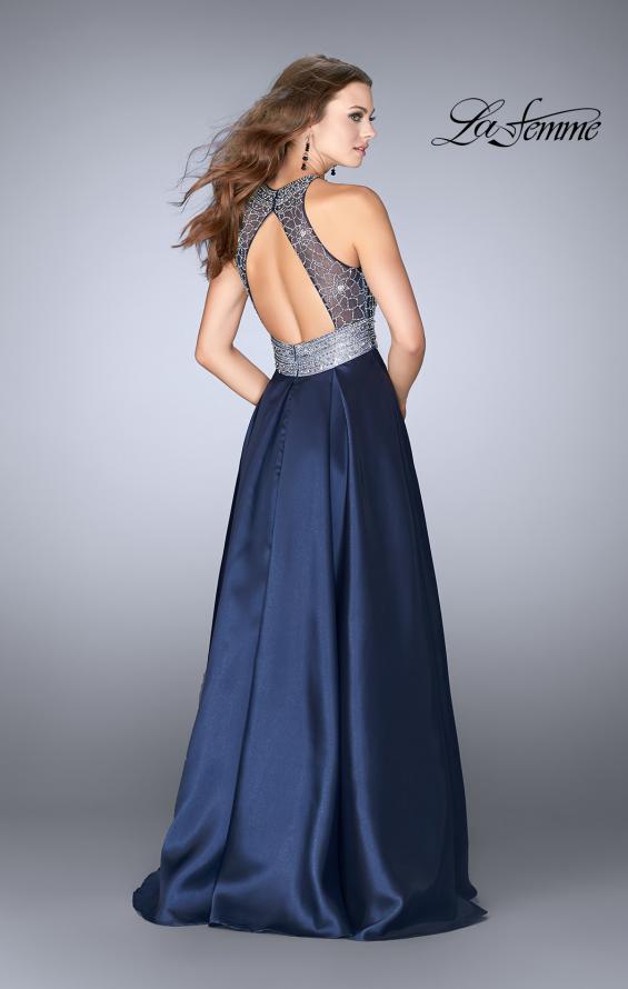 Picture of: Sheer Beaded Halter Top Dress with A-line Skirt in Navy, Style: 24789, Back Picture