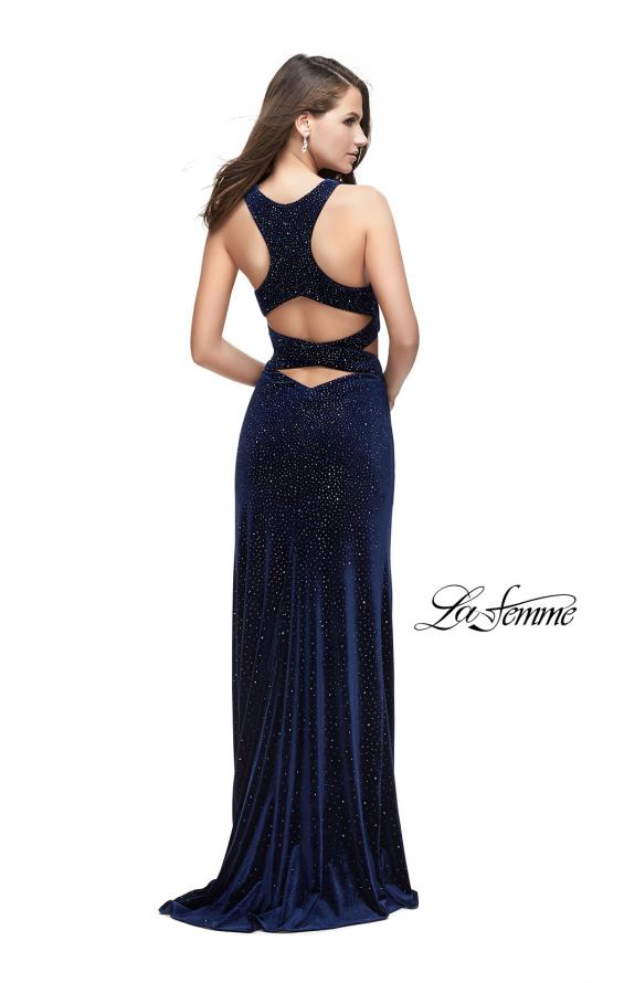 Picture of: Long Velvet Prom Dress with Beading and Open Back in Navy, Style: 25407, Back Picture