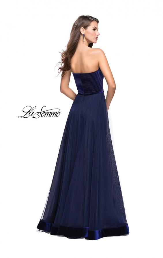 Picture of: Long Strapless Prom Dress with Velvet Bodice Detail in Navy, Style: 25408, Back Picture