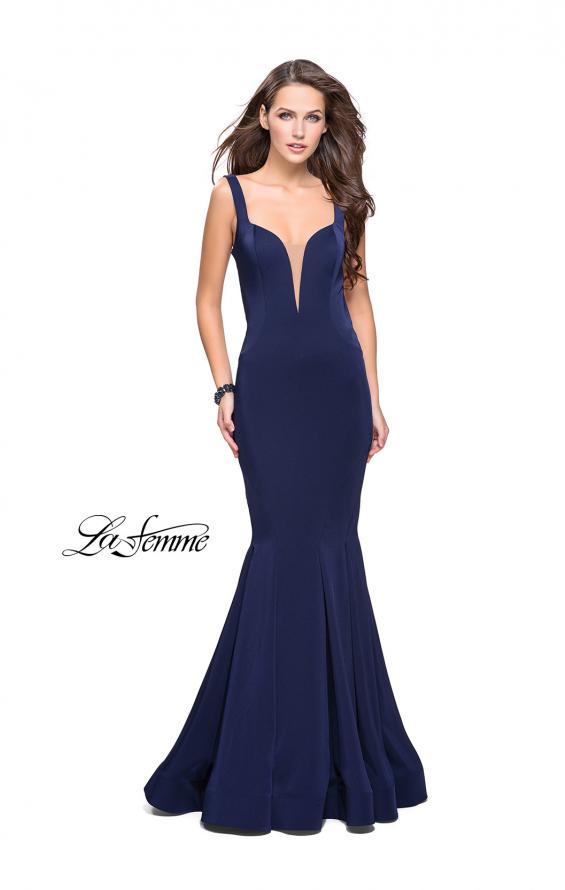 Picture of: Long Jersey Mermaid Prom Dress with Deep V in Navy, Style: 25485, Back Picture