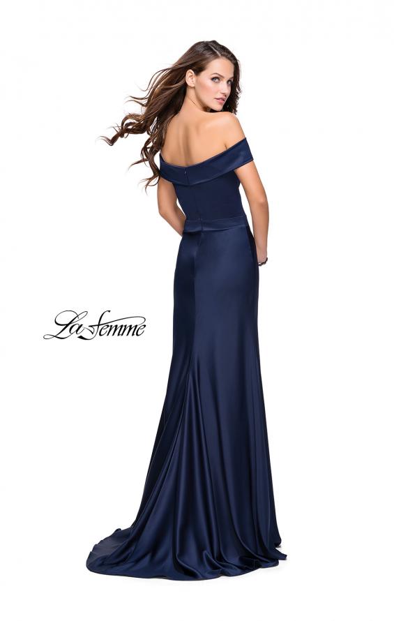 Picture of: Satin Off the Shoulder Dress with Trumpet Silhouette in Navy, Style: 25579, Back Picture
