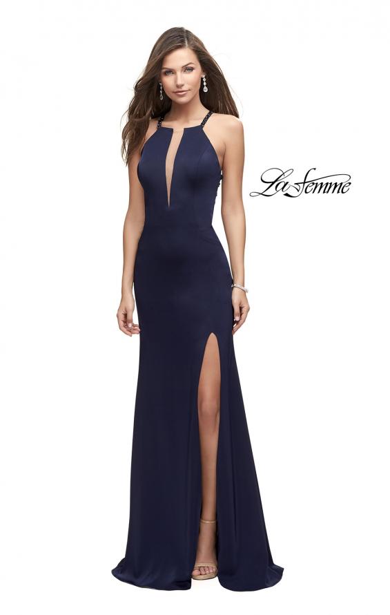 Picture of: Long Jersey Prom Dress with Beaded Strappy Open Back in Navy, Style: 25669, Back Picture