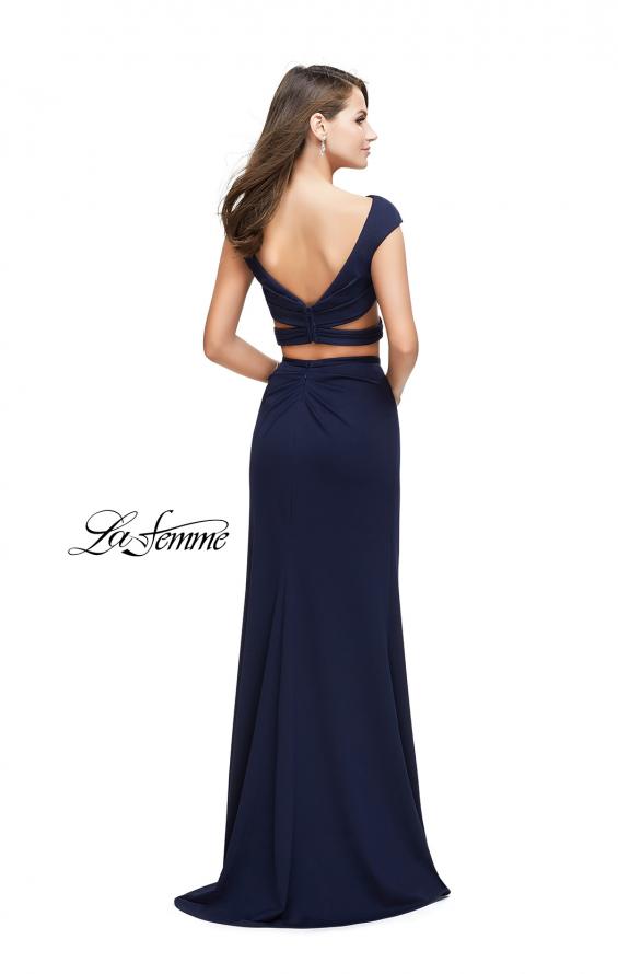 Picture of: Two Piece Wrap Jersey Prom Dress with Short Sleeves in Navy, Style: 25815, Back Picture
