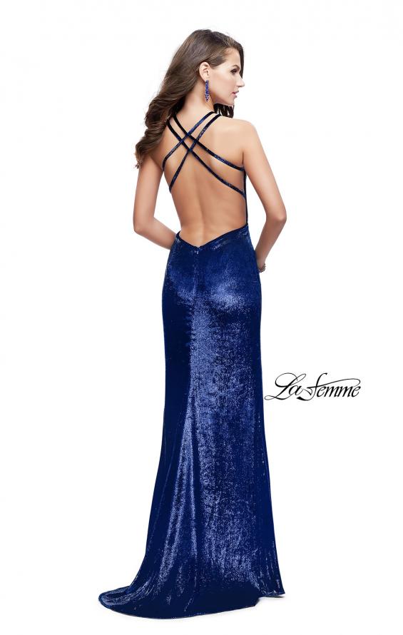 Picture of: Long Velvet Prom Dress with Leg Slit and Open Back in Navy, Style: 25861, Back Picture